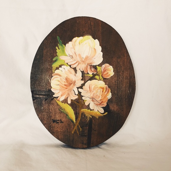 Vintage Floral Hand-painted Wooden Plaque Art